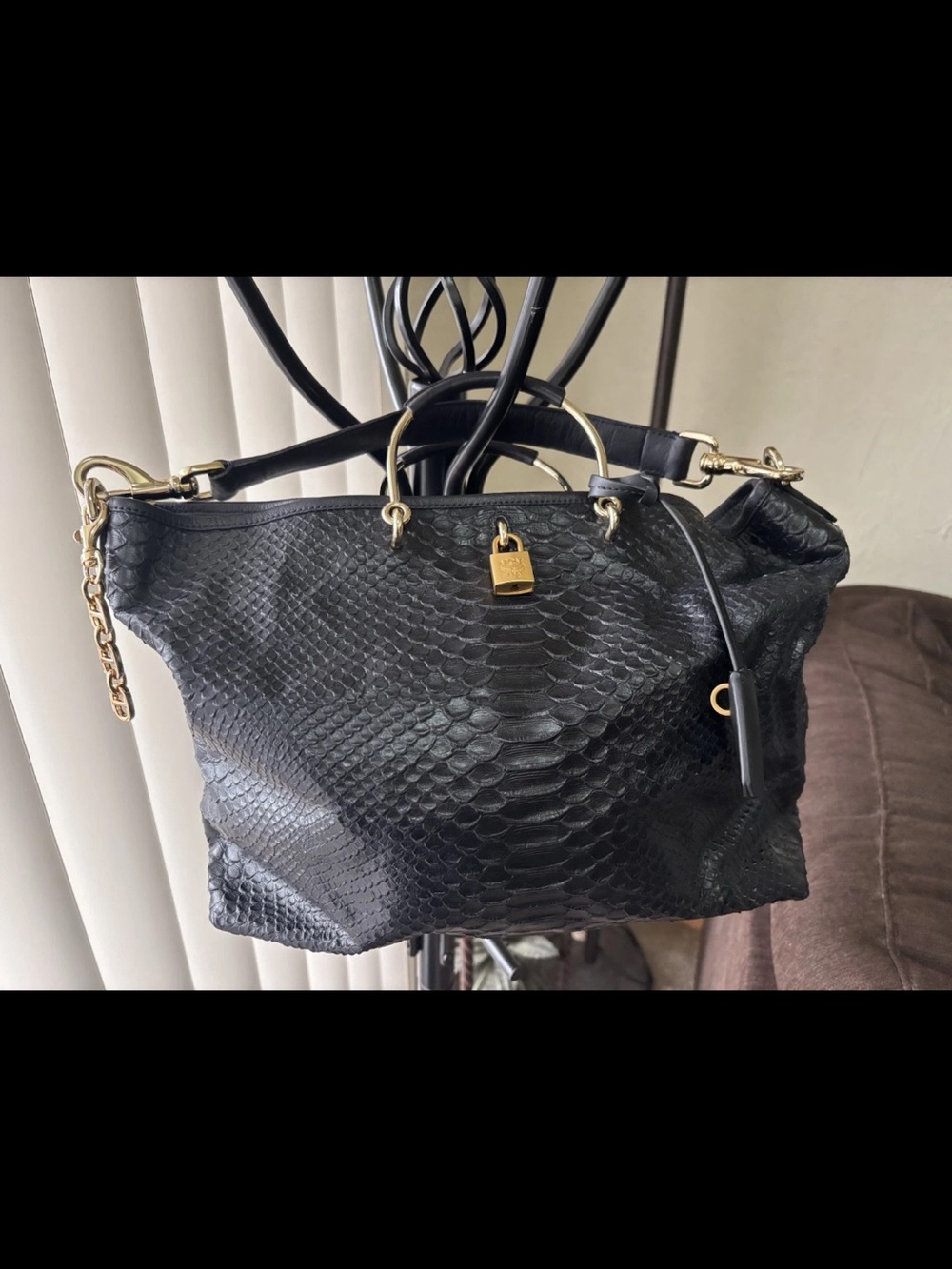 Mulberry Black Python-Texture Satchel with Gold Hardware